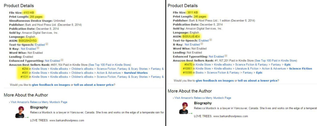 The real sales page details (left) versus the fraudulent page (right).